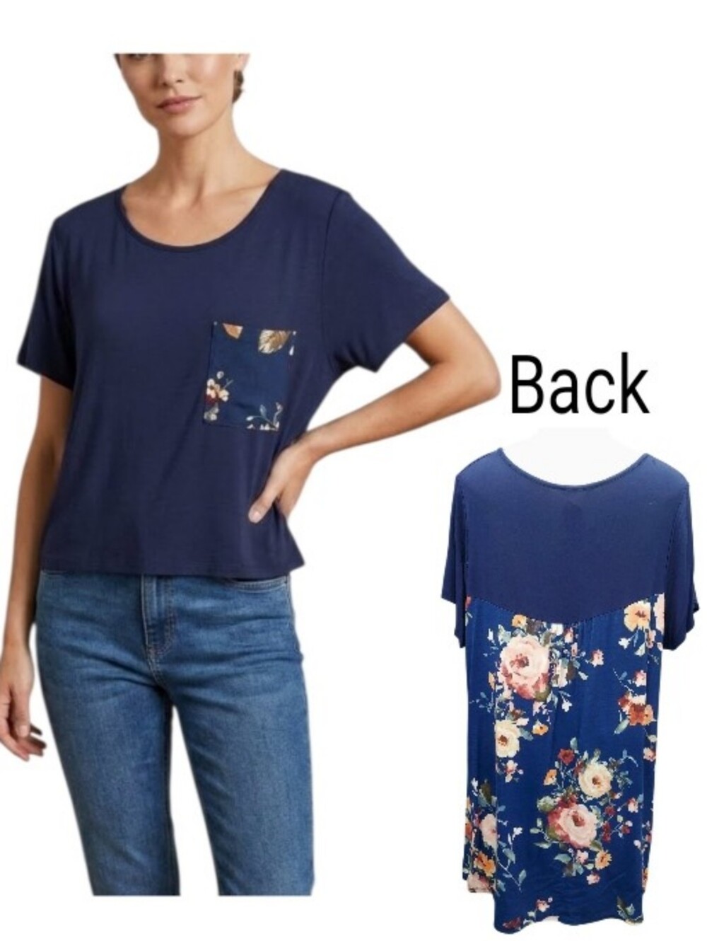 First Look Navy Colorful Floral Back Pocket Womens Plus Tunic Tee Shirt